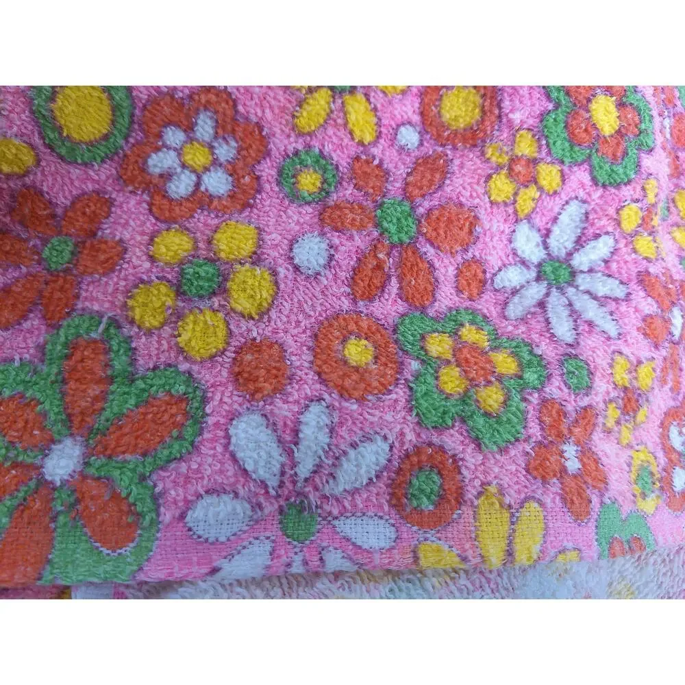 Vtg 70s Terry Cloth Fabric Pink Yellow Psychedelic Flower Power 2.5 Yds READ